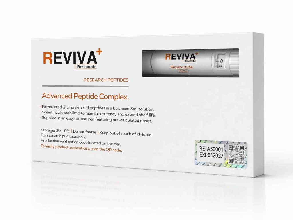 Reviva Research Retatrutide 50mg Pen kit with adjustable dosing for laboratory study.