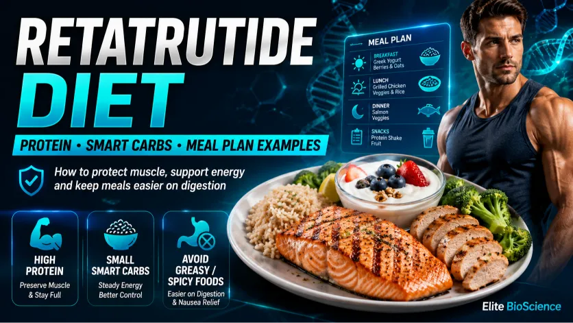Retatrutide diet meal plan with high protein salmon, rice, vegetables, Greek yoghurt and berries