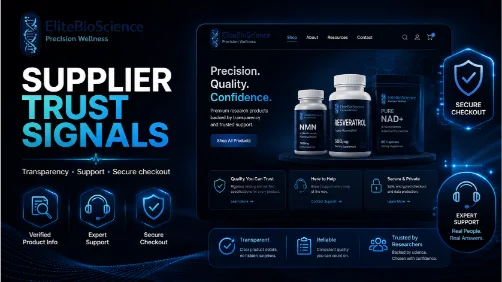 Research product quality supplier trust signals including transparency support secure checkout and verified product information
